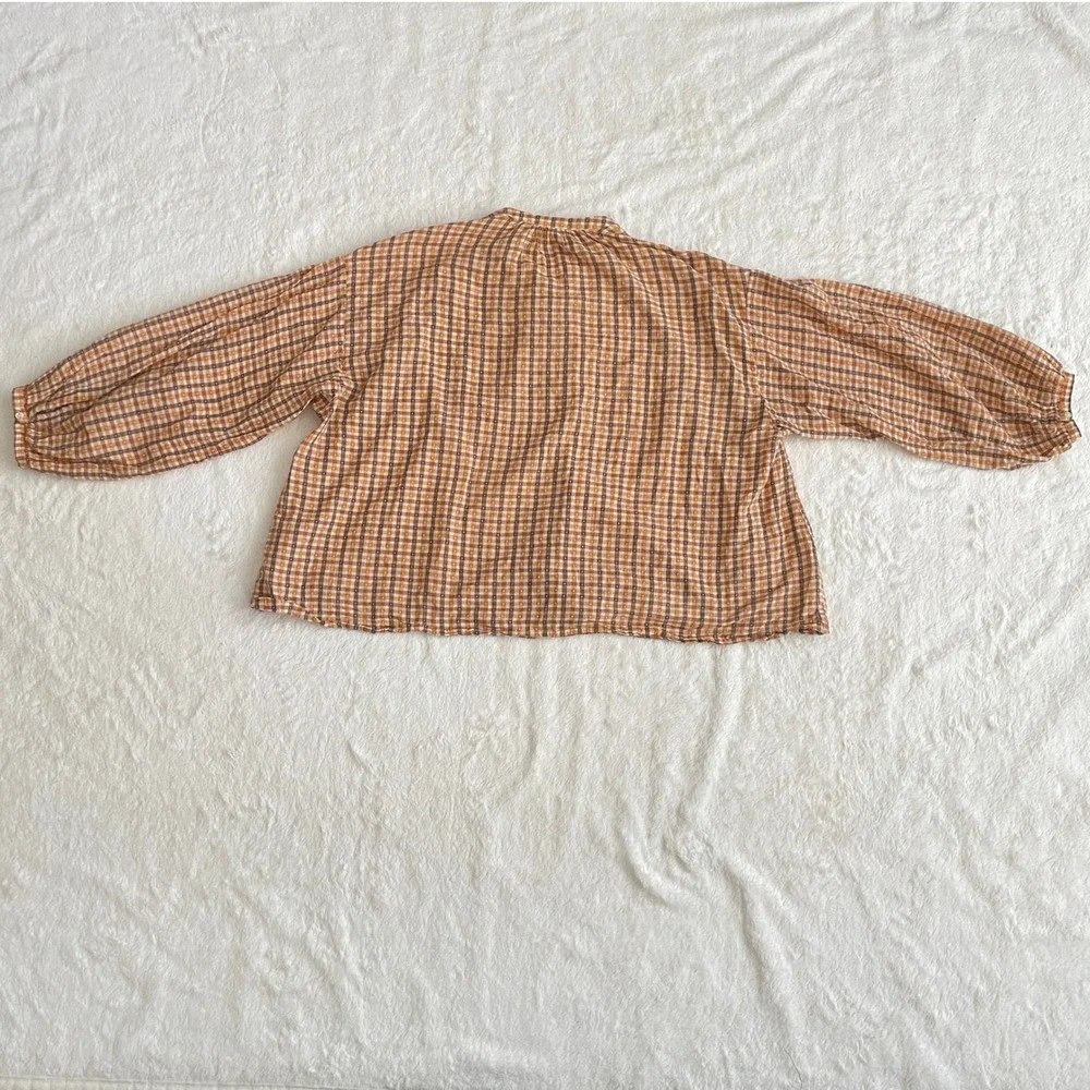 Doen The Jane Blouse Orange Meringue Plaid Clip Dot Cotton Button Top Size XS